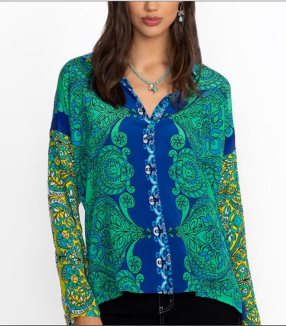 Johnny Was Audrey Slim 100% Silk Blouse Diomedes Boho Chic Coastal Resort NWT